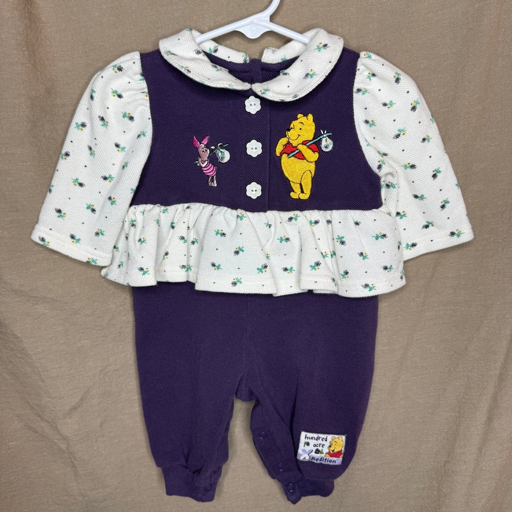 Vintage Pooh Winnie the Pooh Piglet Purple Floral Ruffle Baby Romper 1990s 6-9M